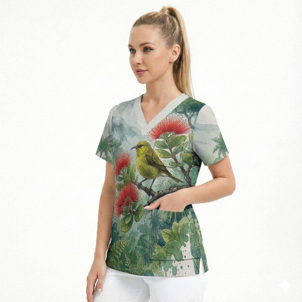 Aloha Hawaii Amakihi Ohia Lehua Watercolor Scrub Top LT14 - Polynesian Pride
