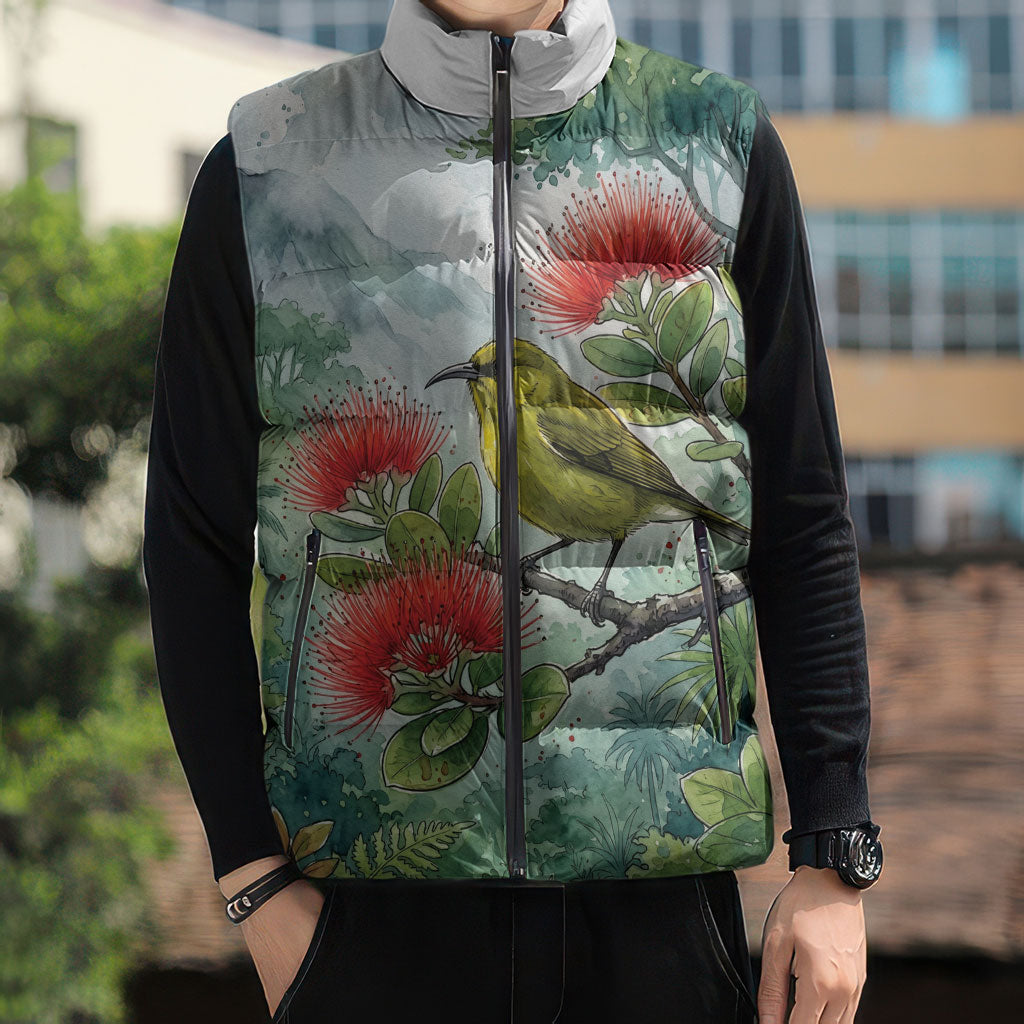 Aloha Hawaii Amakihi Ohia Lehua Watercolor Sleeveless Puffer Jacket LT14 - Polynesian Pride