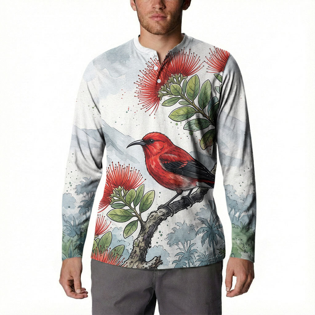 Aloha Hawaii Apapane Ohia Lehua Watercolor Button Sweatshirt