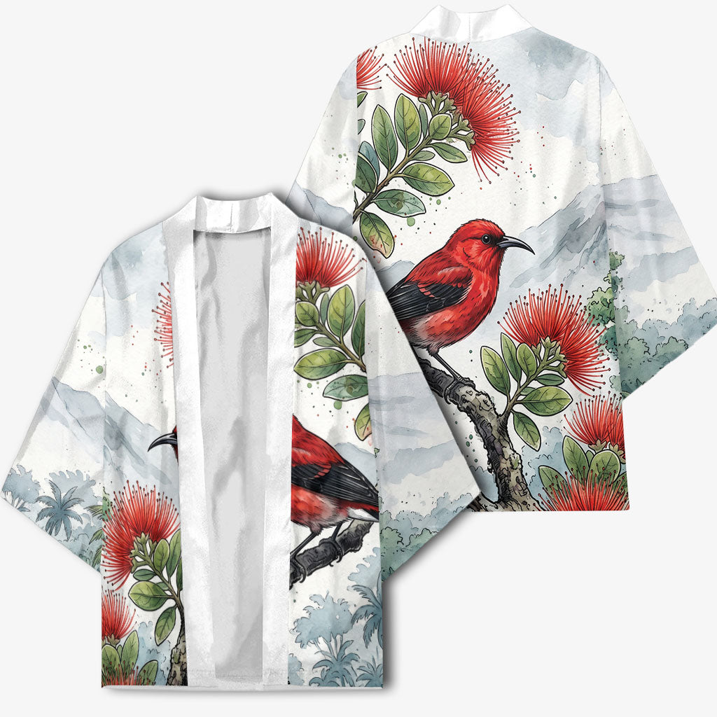Aloha Hawaii Apapane Ohia Lehua Watercolor Kimono LT14 - Polynesian Pride