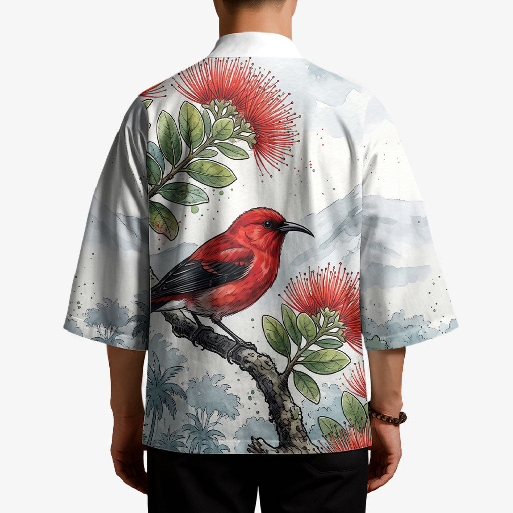 Aloha Hawaii Apapane Ohia Lehua Watercolor Kimono LT14 - Polynesian Pride