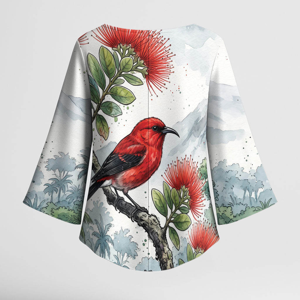 Aloha Hawaii Apapane Ohia Lehua Watercolor Kimono Sleeve Blouse LT14 - Polynesian Pride