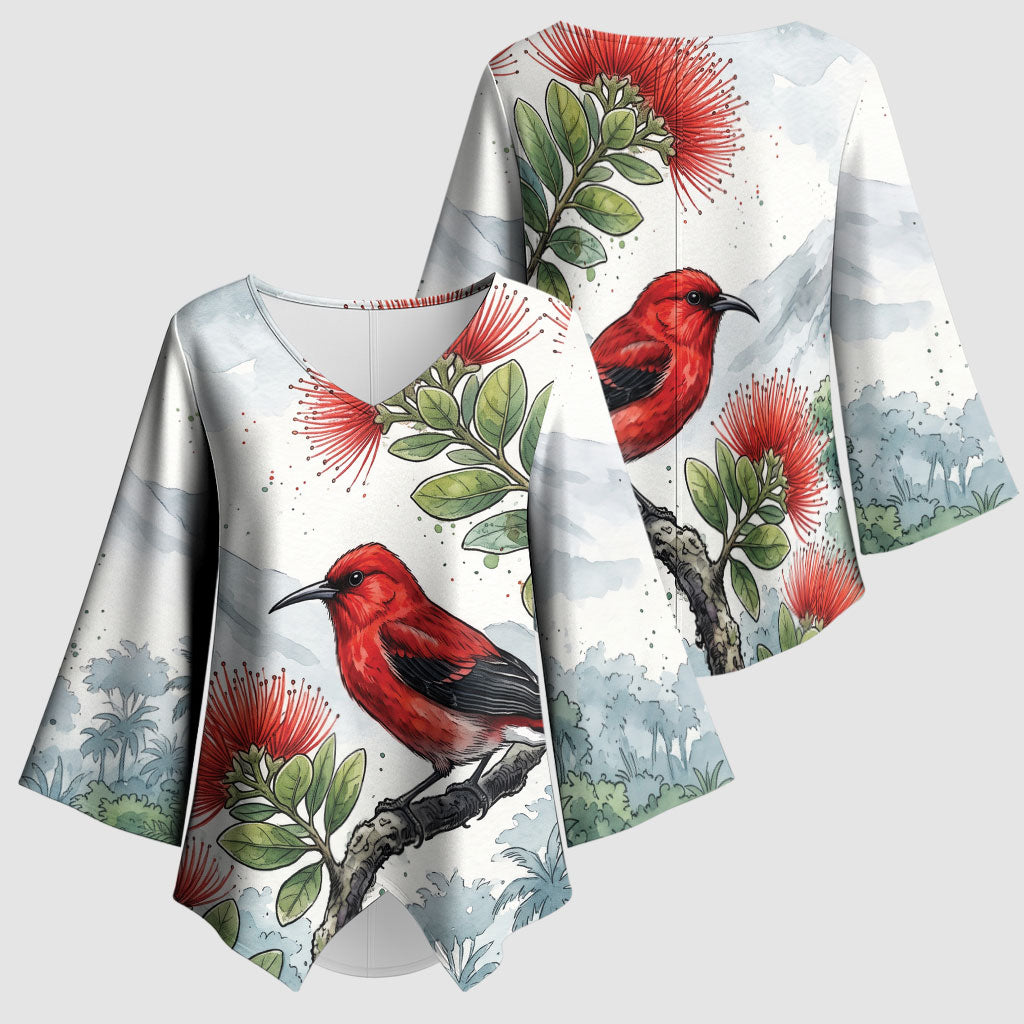 Aloha Hawaii Apapane Ohia Lehua Watercolor Kimono Sleeve Blouse LT14 - Polynesian Pride