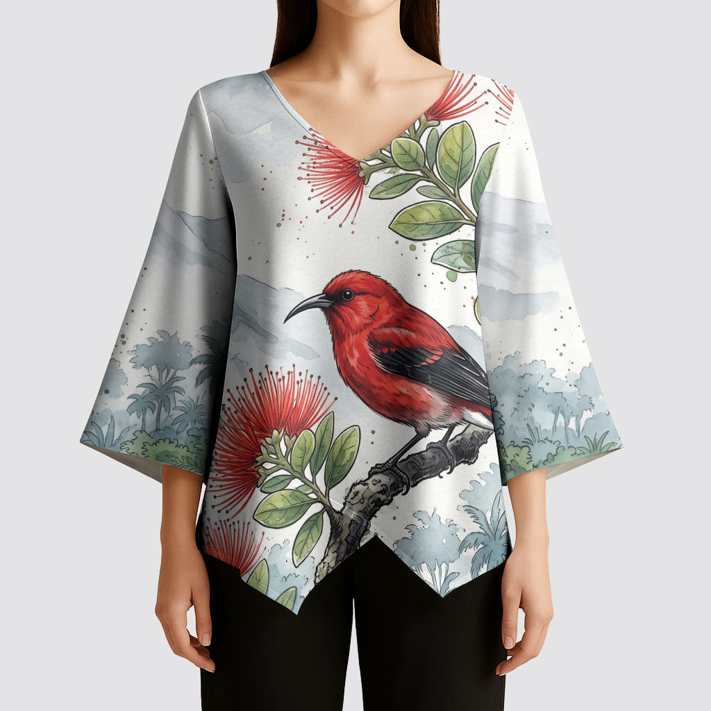 Aloha Hawaii Apapane Ohia Lehua Watercolor Kimono Sleeve Blouse LT14 - Polynesian Pride