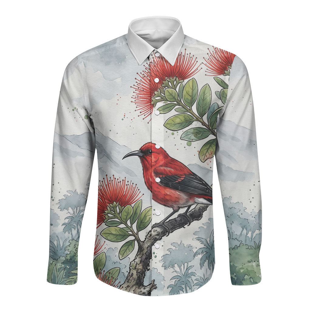 Aloha Hawaii Apapane Ohia Lehua Watercolor Long Sleeve Button Shirt LT14 Unisex Watercolor - Polynesian Pride
