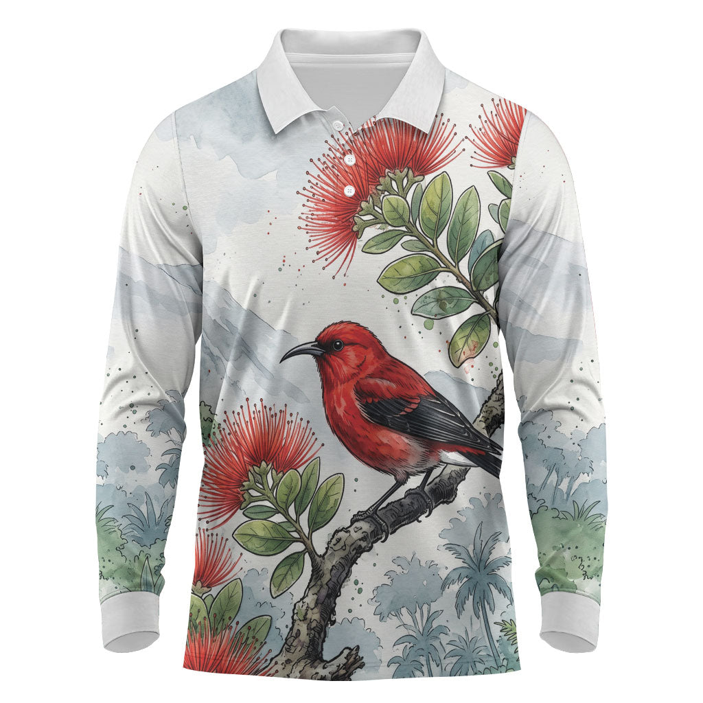 Aloha Hawaii Apapane Ohia Lehua Watercolor Long Sleeve Polo Shirt