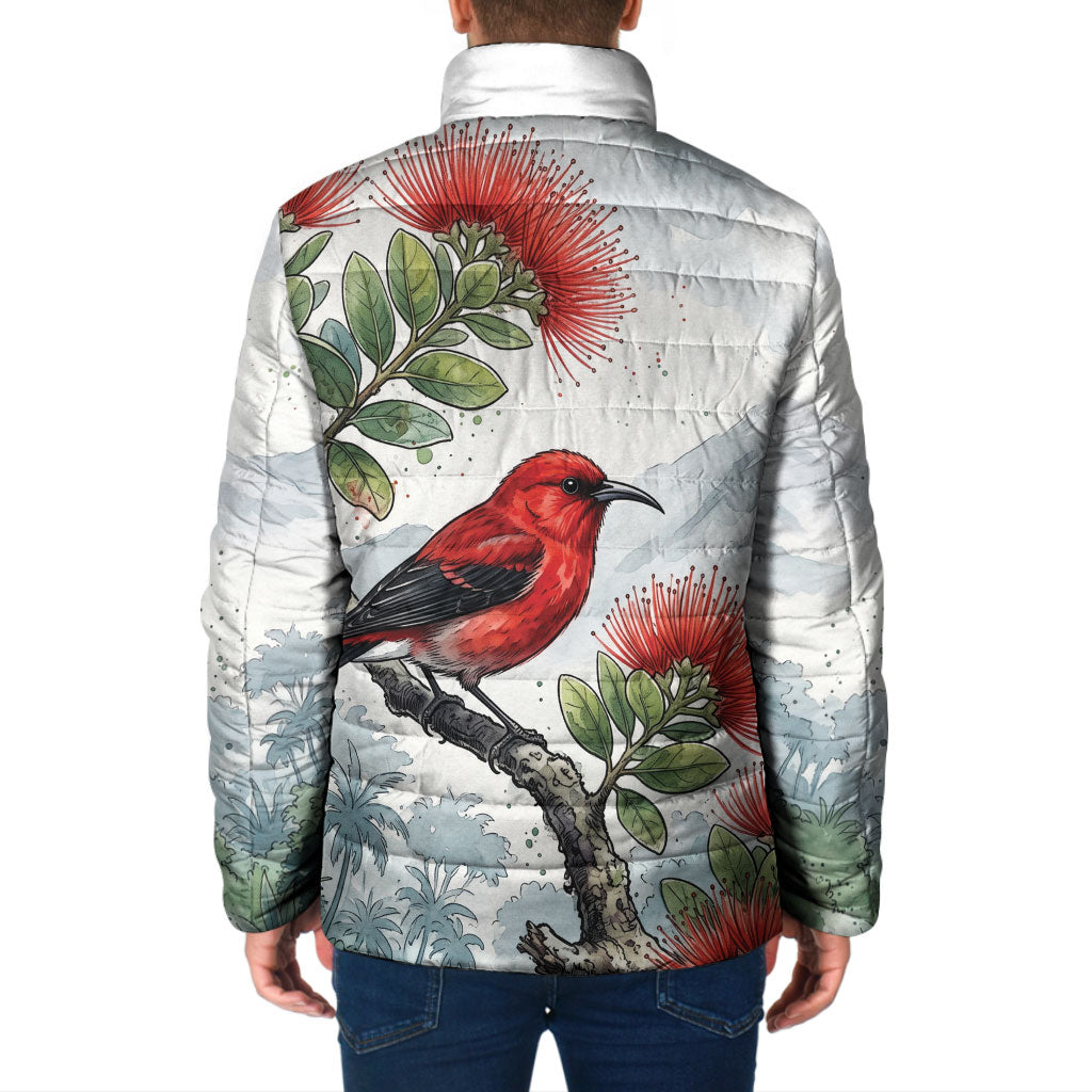 Aloha Hawaii Apapane Ohia Lehua Watercolor Padded Jacket