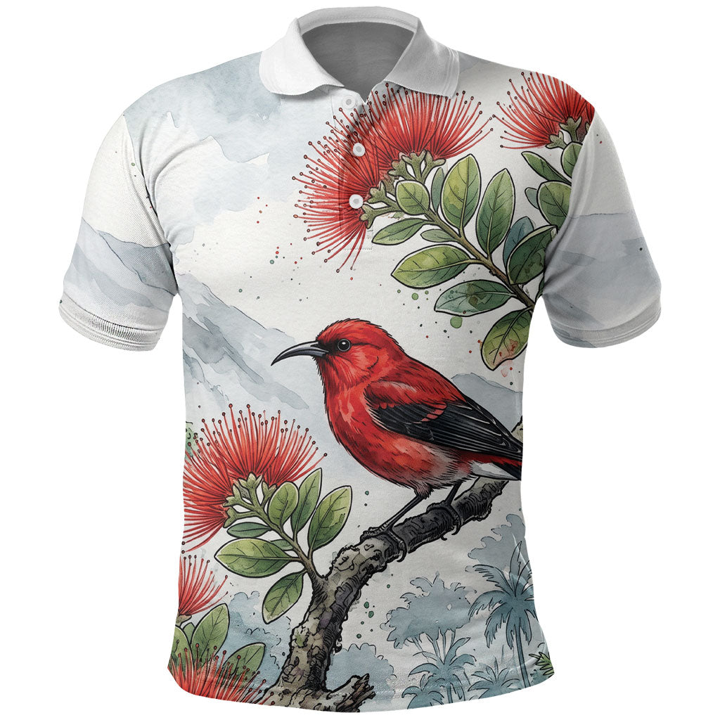 Aloha Hawaii Apapane Ohia Lehua Watercolor Polo Shirt