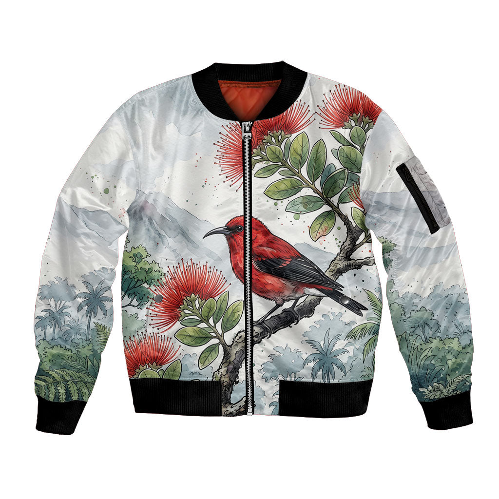 Aloha Hawaii Apapane Ohia Lehua Watercolor Sleeve Zip Bomber Jacket LT14 Unisex Watercolor - Polynesian Pride