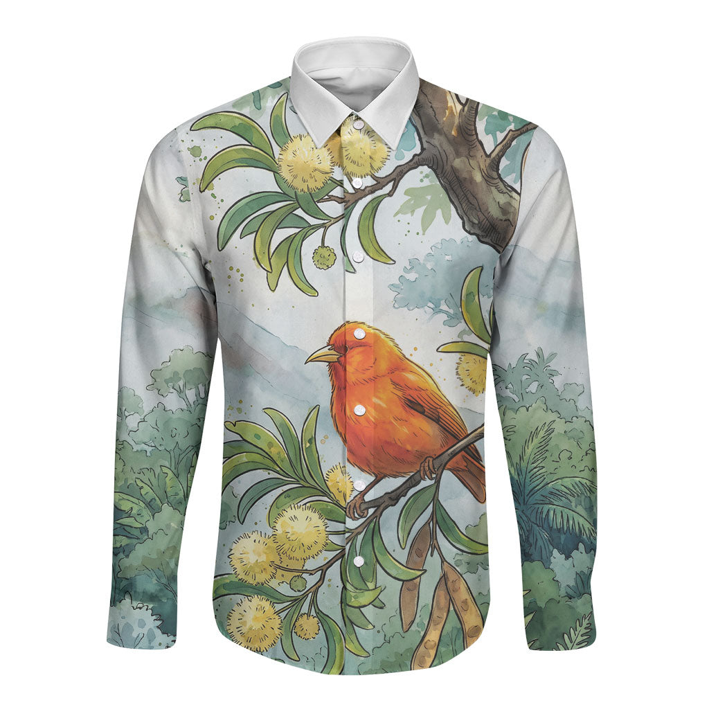 Aloha Hawaii Akepa Koa Tree Watercolor Long Sleeve Button Shirt LT14 Unisex Watercolor - Polynesian Pride