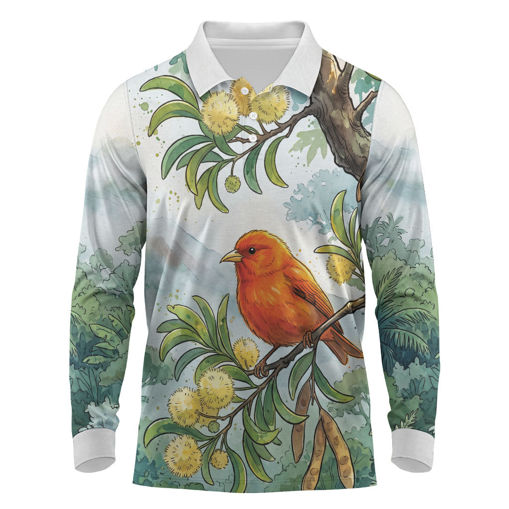 Aloha Hawaii Akepa Koa Tree Watercolor Long Sleeve Polo Shirt LT14 Watercolor - Polynesian Pride