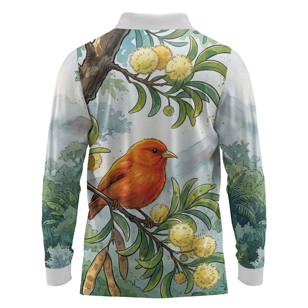 Aloha Hawaii Akepa Koa Tree Watercolor Long Sleeve Polo Shirt LT14 - Polynesian Pride