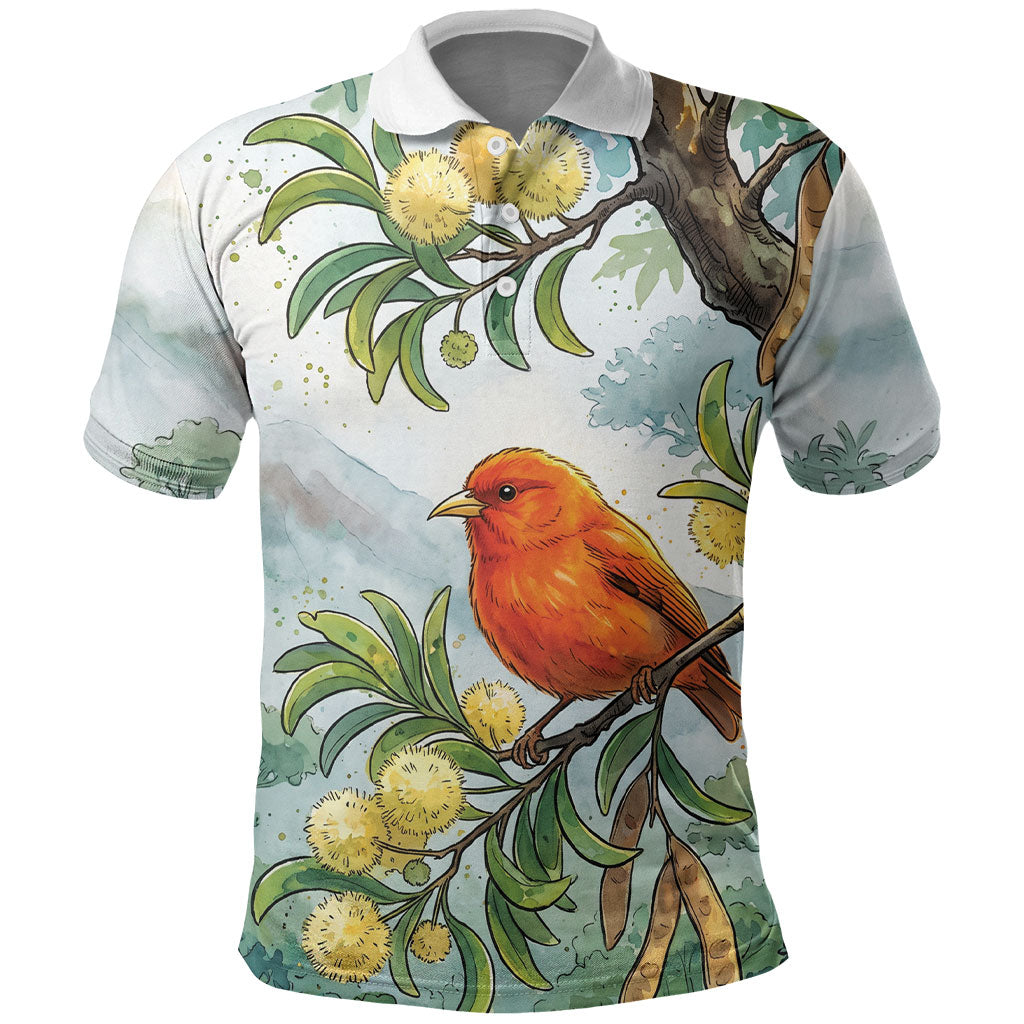 Aloha Hawaii Akepa Koa Tree Watercolor Polo Shirt