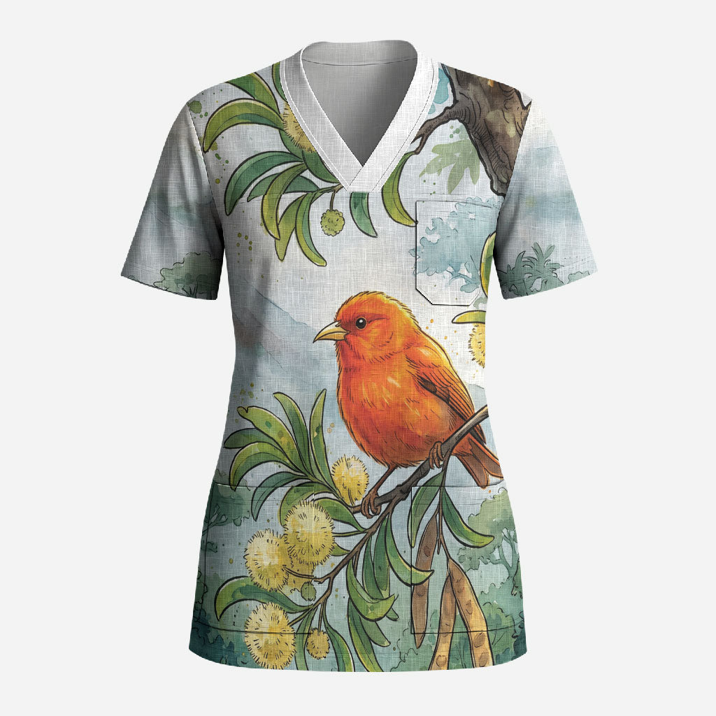 Aloha Hawaii Akepa Koa Tree Watercolor Scrub Top LT14 Adult Watercolor - Polynesian Pride