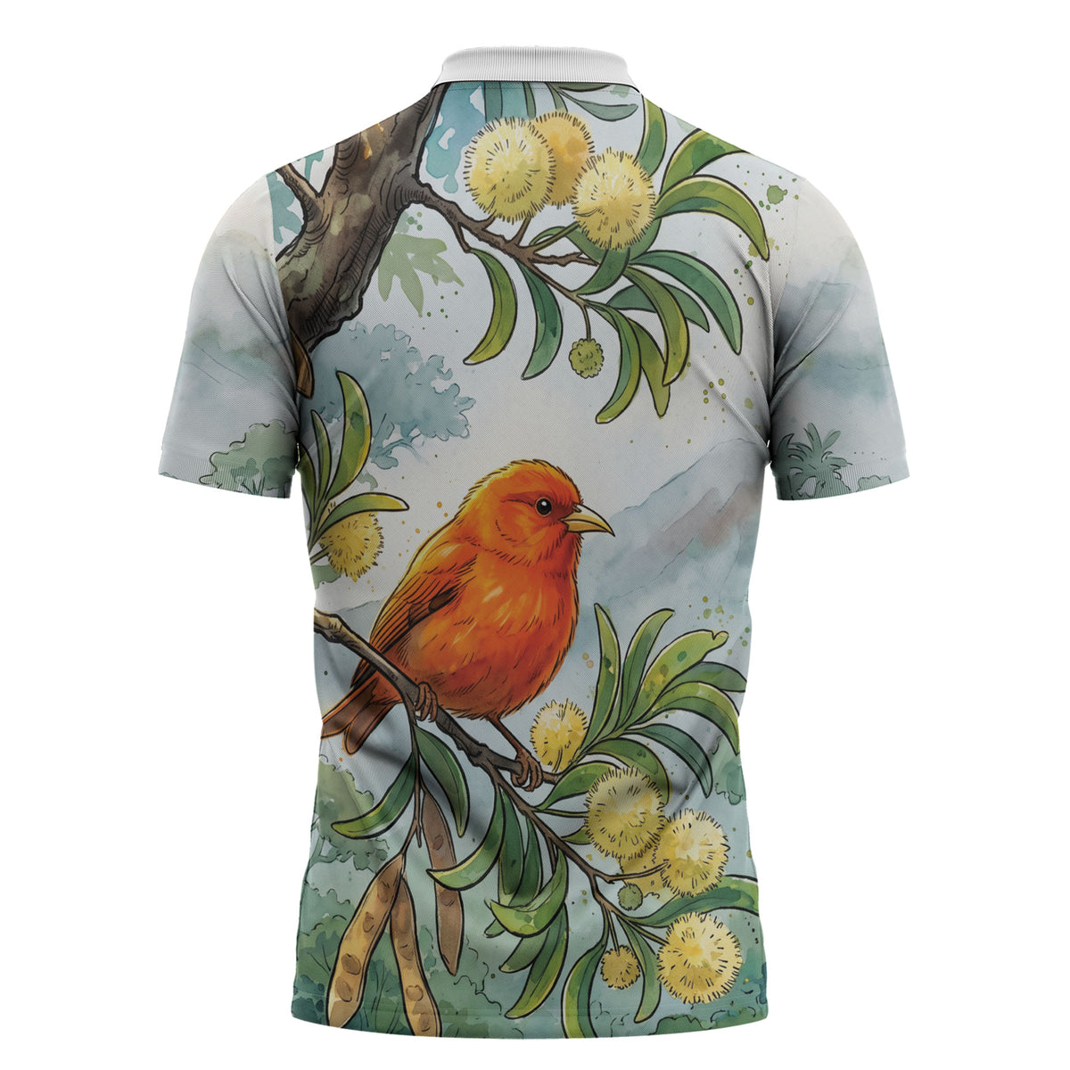 Aloha Hawaii Akepa Koa Tree Watercolor Zipper Polo Shirt