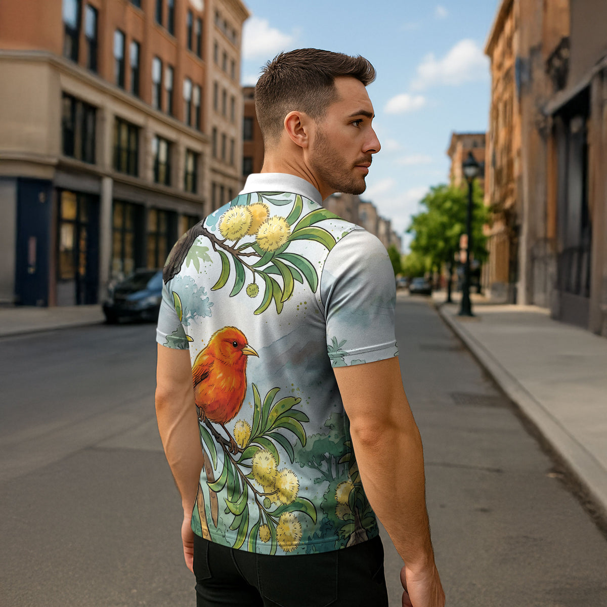 Aloha Hawaii Akepa Koa Tree Watercolor Zipper Polo Shirt