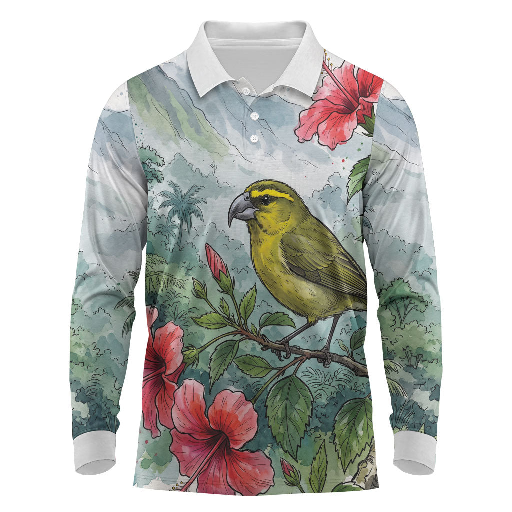 Aloha Hawaii Maui Parrotbill Hibiscus Watercolor Long Sleeve Polo Shirt