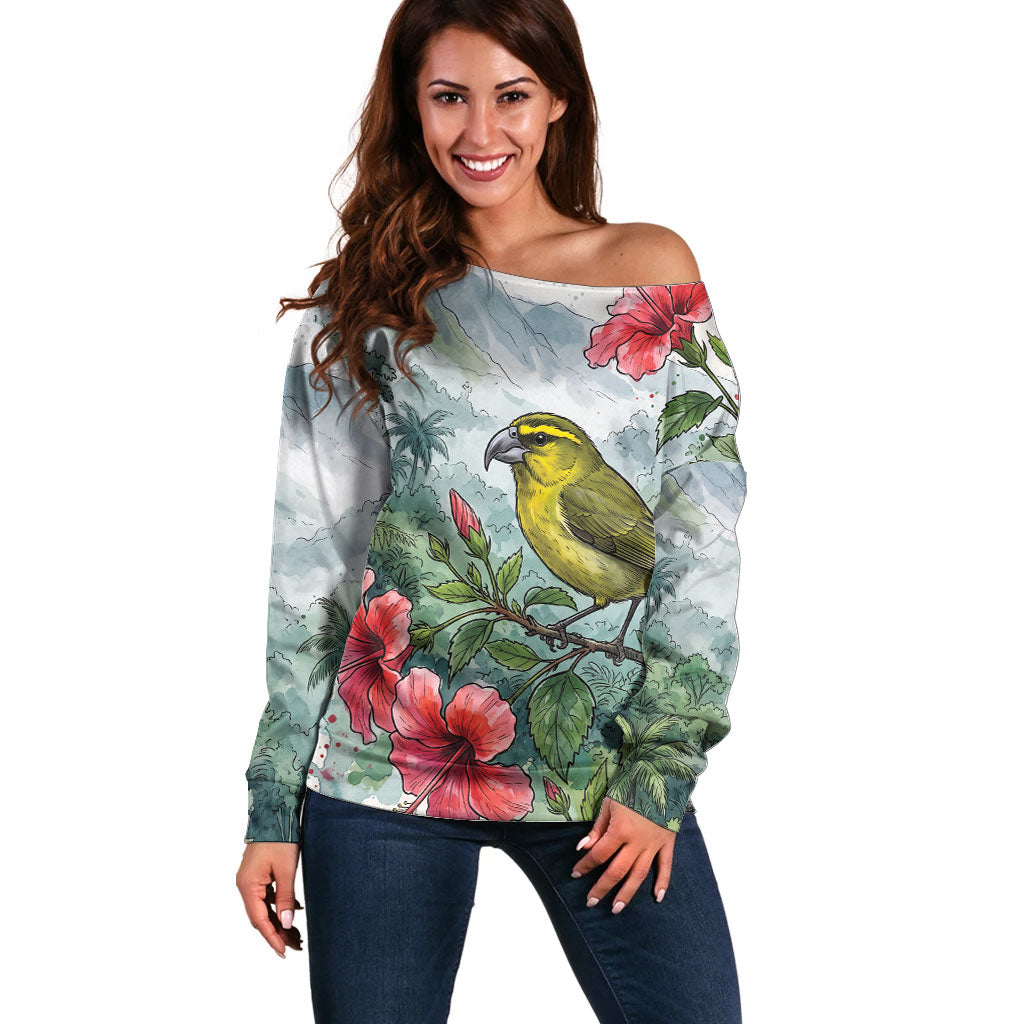 Aloha Hawaii Maui Parrotbill Hibiscus Watercolor Off Shoulder Sweater LT14 Women Watercolor - Polynesian Pride