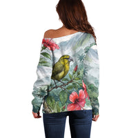 Aloha Hawaii Maui Parrotbill Hibiscus Watercolor Off Shoulder Sweater LT14 - Polynesian Pride