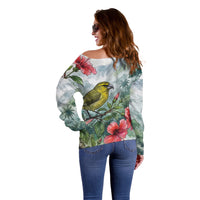 Aloha Hawaii Maui Parrotbill Hibiscus Watercolor Off Shoulder Sweater LT14 - Polynesian Pride