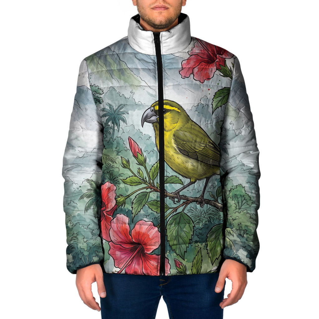 Aloha Hawaii Maui Parrotbill Hibiscus Watercolor Padded Jacket