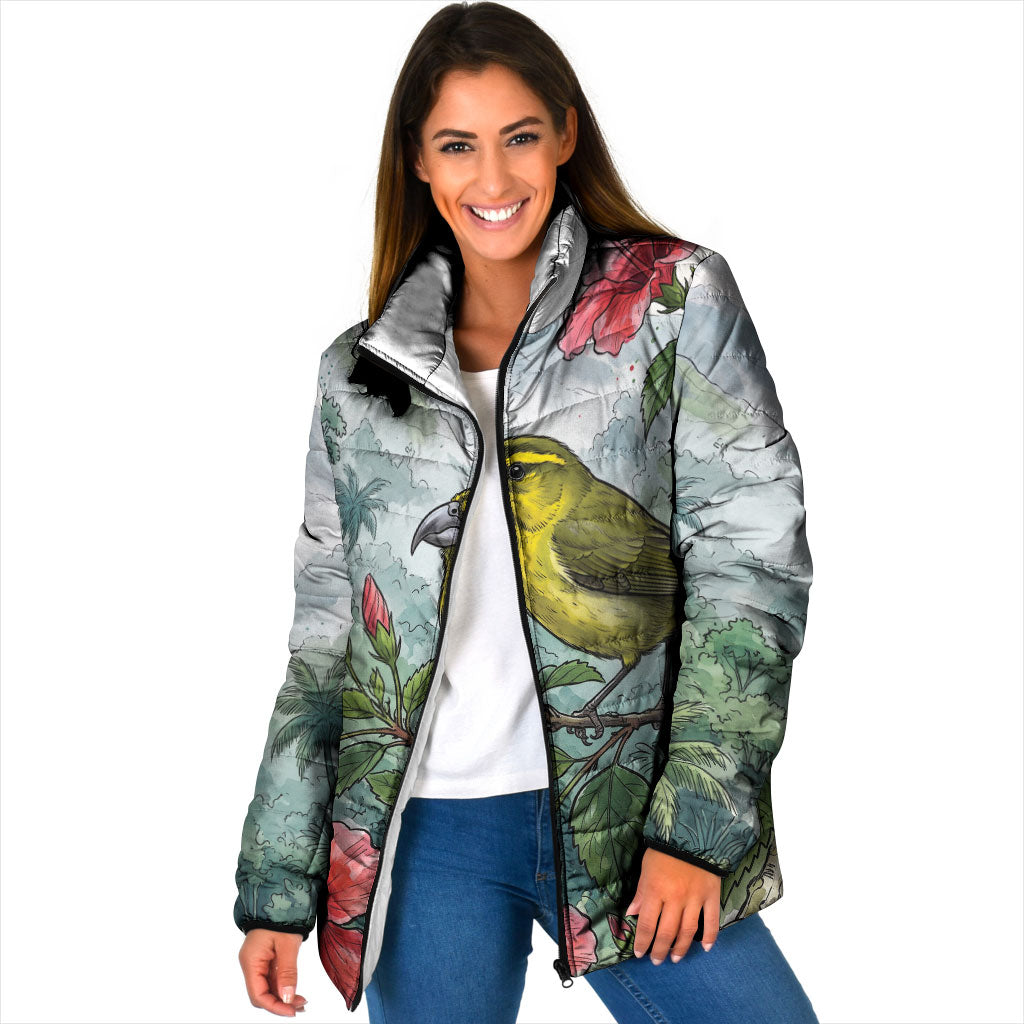 Aloha Hawaii Maui Parrotbill Hibiscus Watercolor Padded Jacket