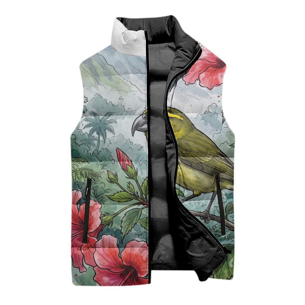 Aloha Hawaii Maui Parrotbill Hibiscus Watercolor Sleeveless Puffer Jacket LT14 - Polynesian Pride