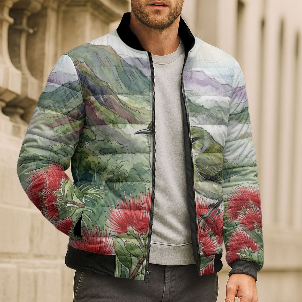 Aloha Hawaii Creeper Ohia Lehua Watercolor Bomber Puffer Jacket