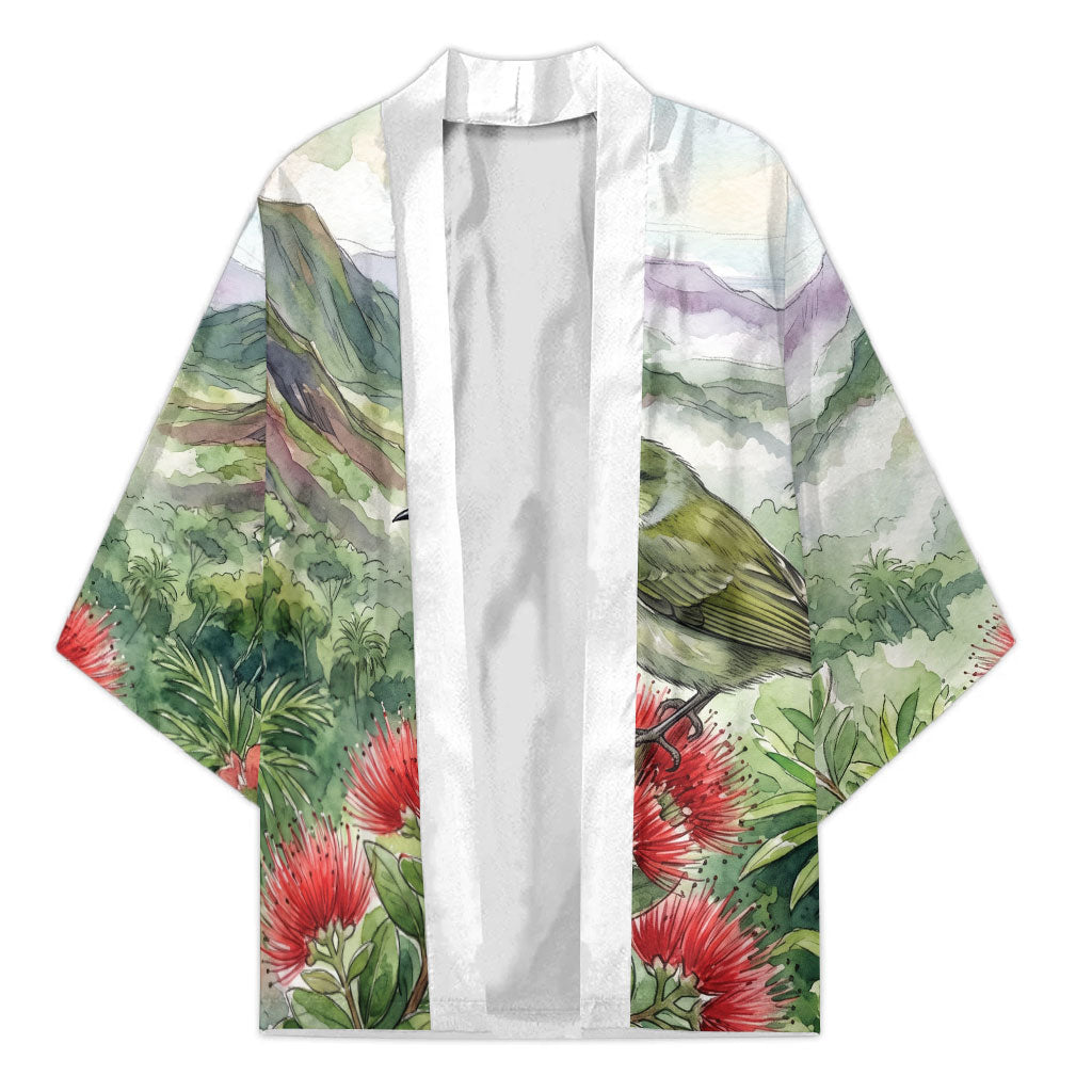 Aloha Hawaii Creeper Ohia Lehua Watercolor Kimono LT14 Unisex Watercolor - Polynesian Pride