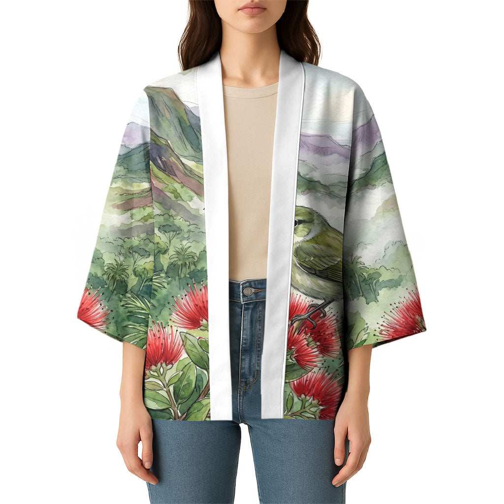 Aloha Hawaii Creeper Ohia Lehua Watercolor Kimono LT14 - Polynesian Pride