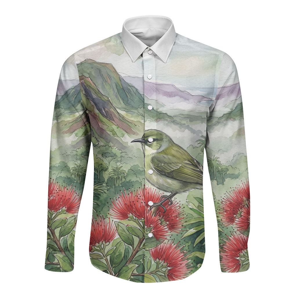 Aloha Hawaii Creeper Ohia Lehua Watercolor Long Sleeve Button Shirt