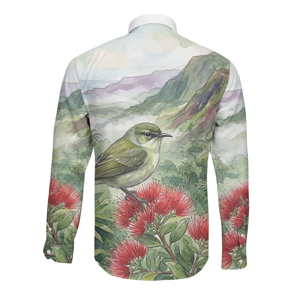 Aloha Hawaii Creeper Ohia Lehua Watercolor Long Sleeve Button Shirt