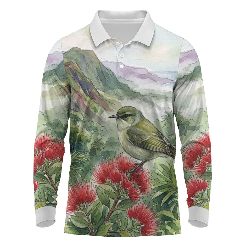 Aloha Hawaii Creeper Ohia Lehua Watercolor Long Sleeve Polo Shirt