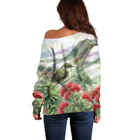 Aloha Hawaii Creeper Ohia Lehua Watercolor Off Shoulder Sweater LT14 - Polynesian Pride