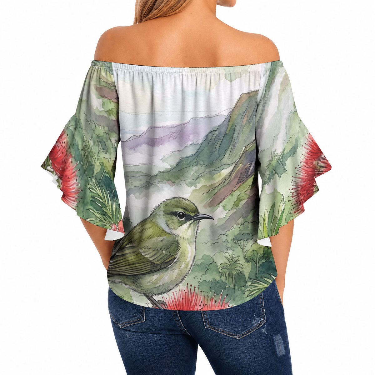 Aloha Hawaii Creeper Ohia Lehua Watercolor Off Shoulder Wrap Waist Top LT14 - Polynesian Pride