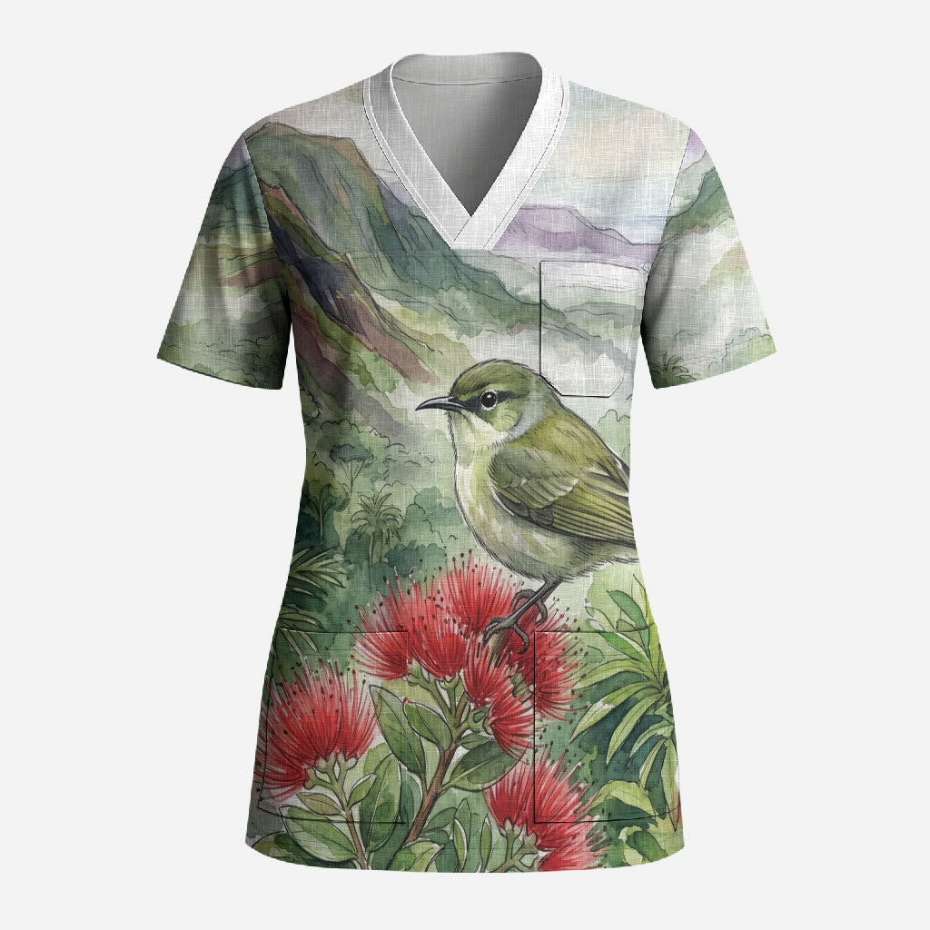 Aloha Hawaii Creeper Ohia Lehua Watercolor Scrub Top