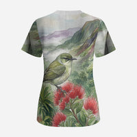 Aloha Hawaii Creeper Ohia Lehua Watercolor Scrub Top