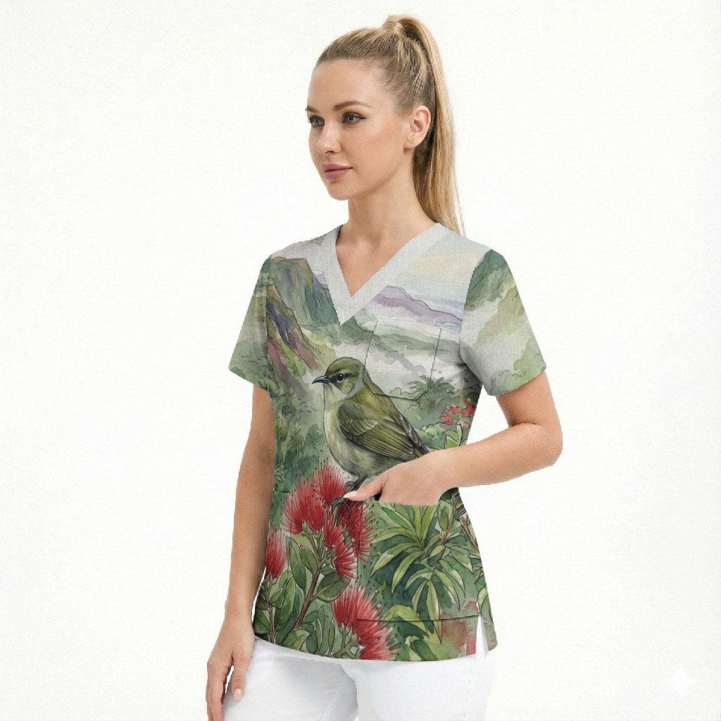Aloha Hawaii Creeper Ohia Lehua Watercolor Scrub Top