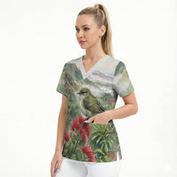 Aloha Hawaii Creeper Ohia Lehua Watercolor Scrub Top
