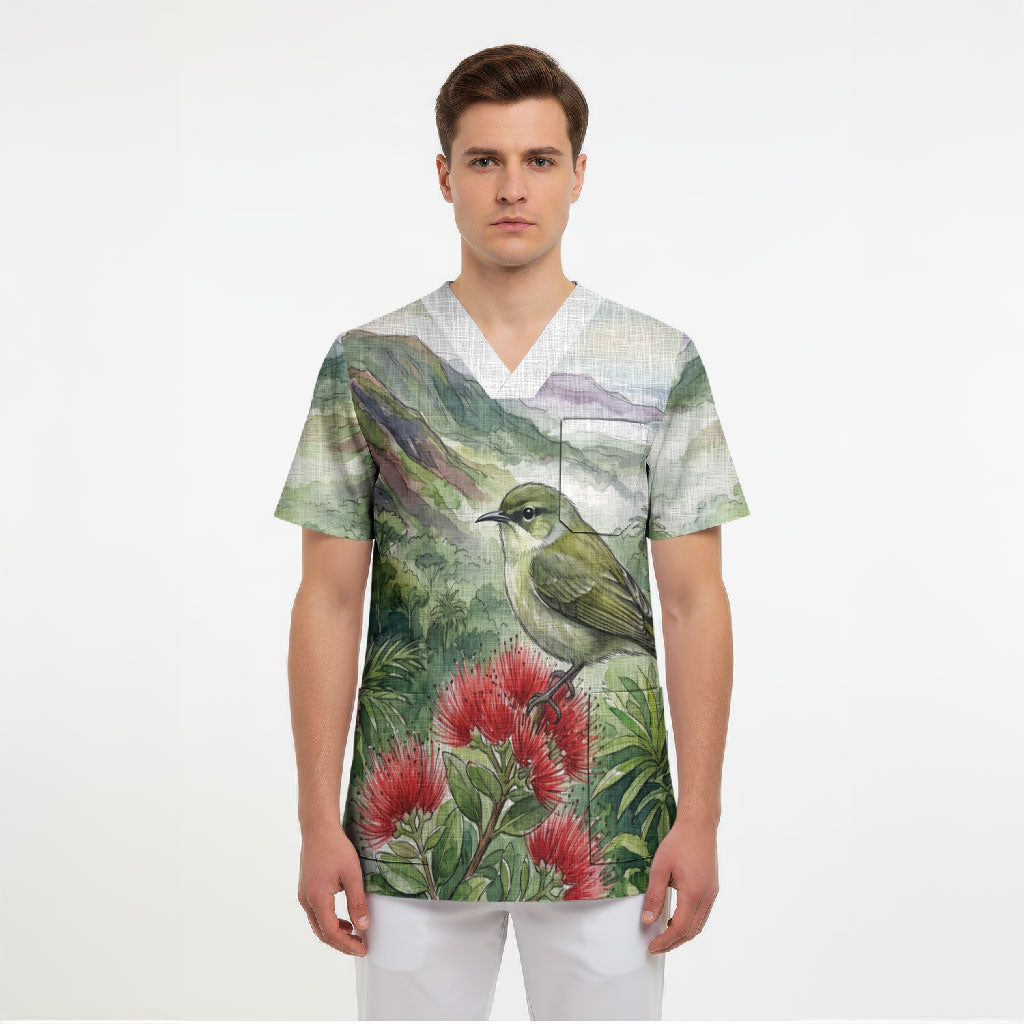Aloha Hawaii Creeper Ohia Lehua Watercolor Scrub Top