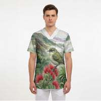 Aloha Hawaii Creeper Ohia Lehua Watercolor Scrub Top