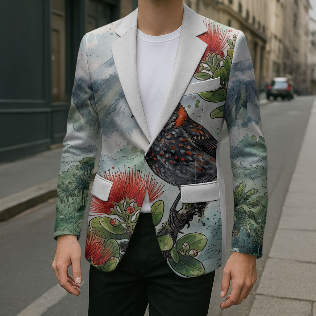 Aloha Hawaii Akohekohe Ohia Lehua Watercolor Blazer