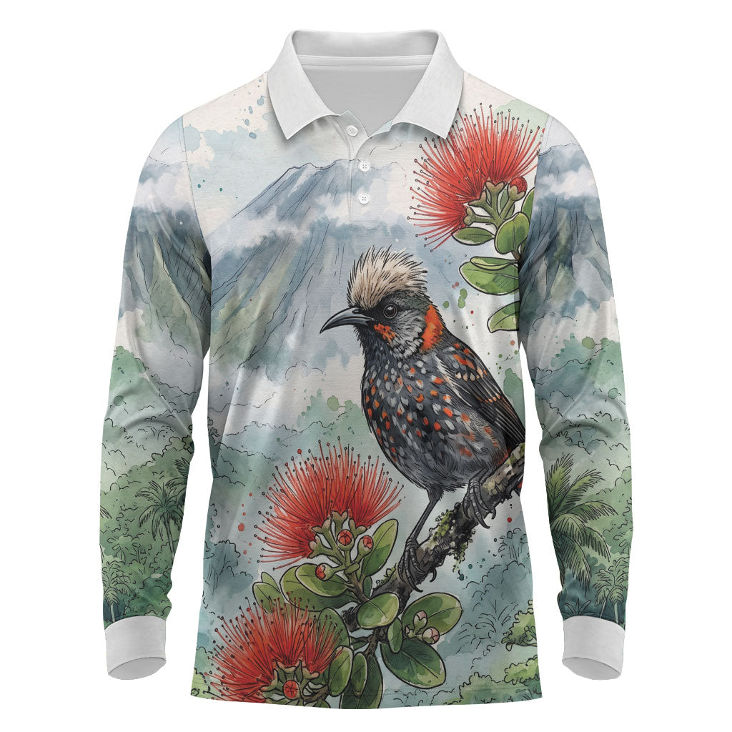 Aloha Hawaii Akohekohe Ohia Lehua Watercolor Long Sleeve Polo Shirt