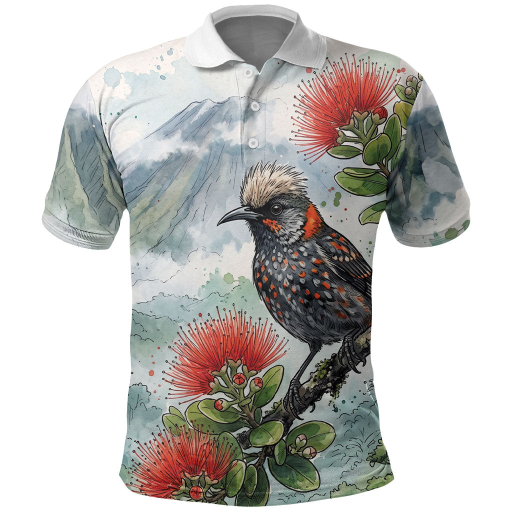 Aloha Hawaii Akohekohe Ohia Lehua Watercolor Polo Shirt