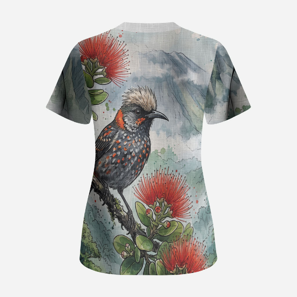 Aloha Hawaii Akohekohe Ohia Lehua Watercolor Scrub Top LT14 - Polynesian Pride