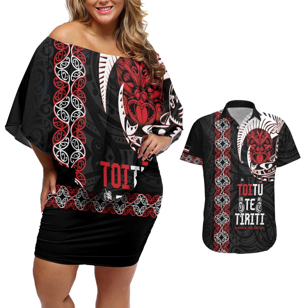 Aotearoa Toitu Te Tiriti Couples Matching Off Shoulder Short Dress and Hawaiian Shirt Honour The Treaty Maori Haka