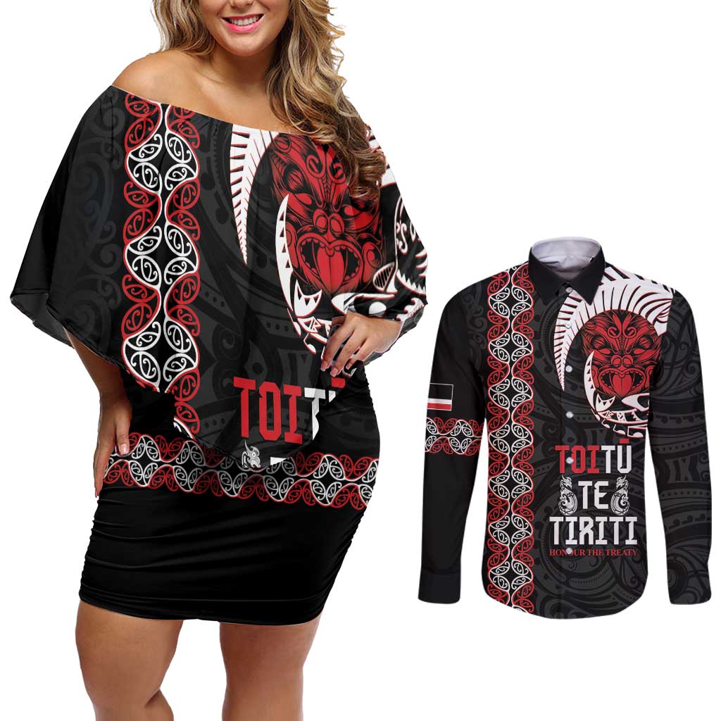 Aotearoa Toitu Te Tiriti Couples Matching Off Shoulder Short Dress and Long Sleeve Button Shirt Honour The Treaty Maori Haka