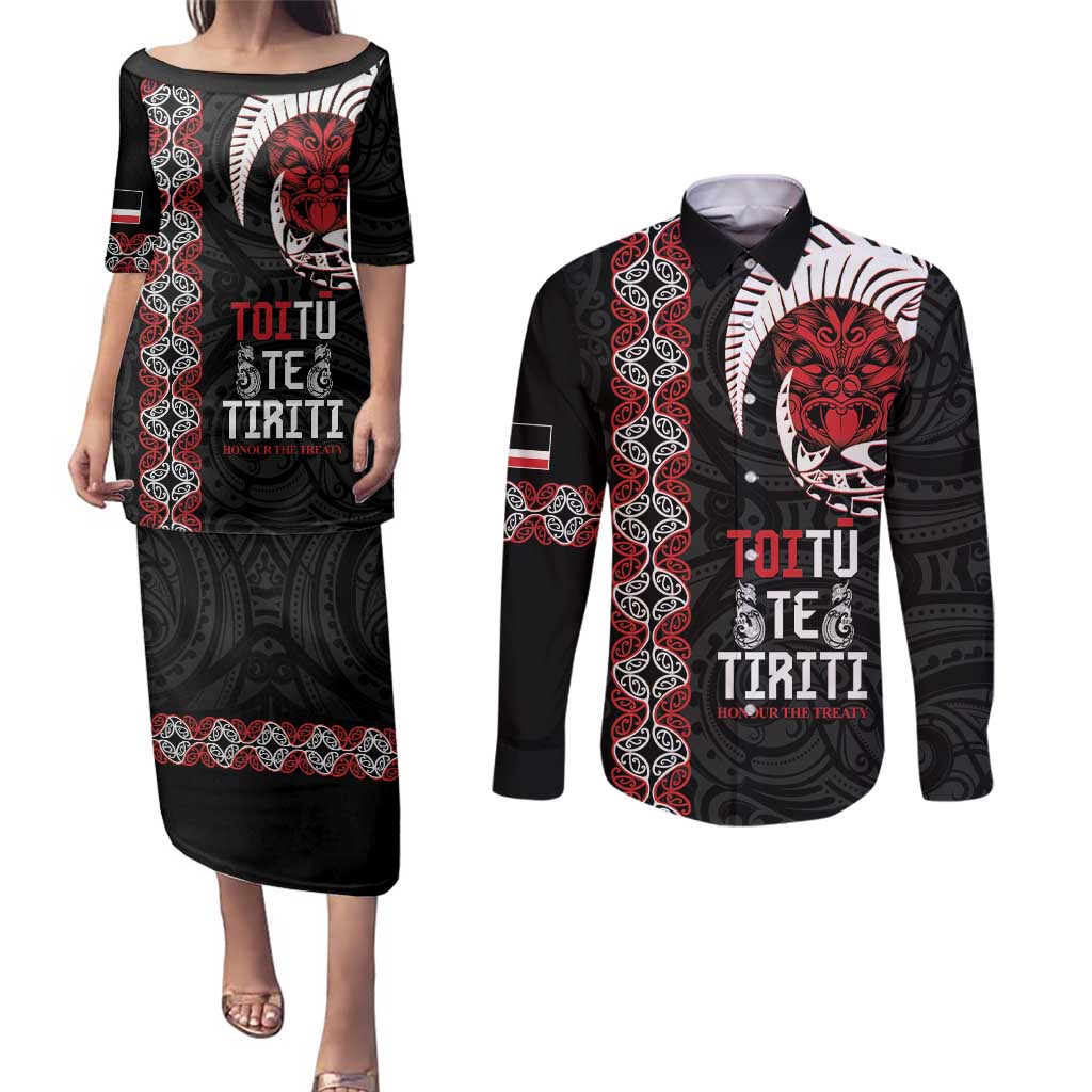 Aotearoa Toitu Te Tiriti Couples Matching Puletasi and Long Sleeve Button Shirt Honour The Treaty Maori Haka
