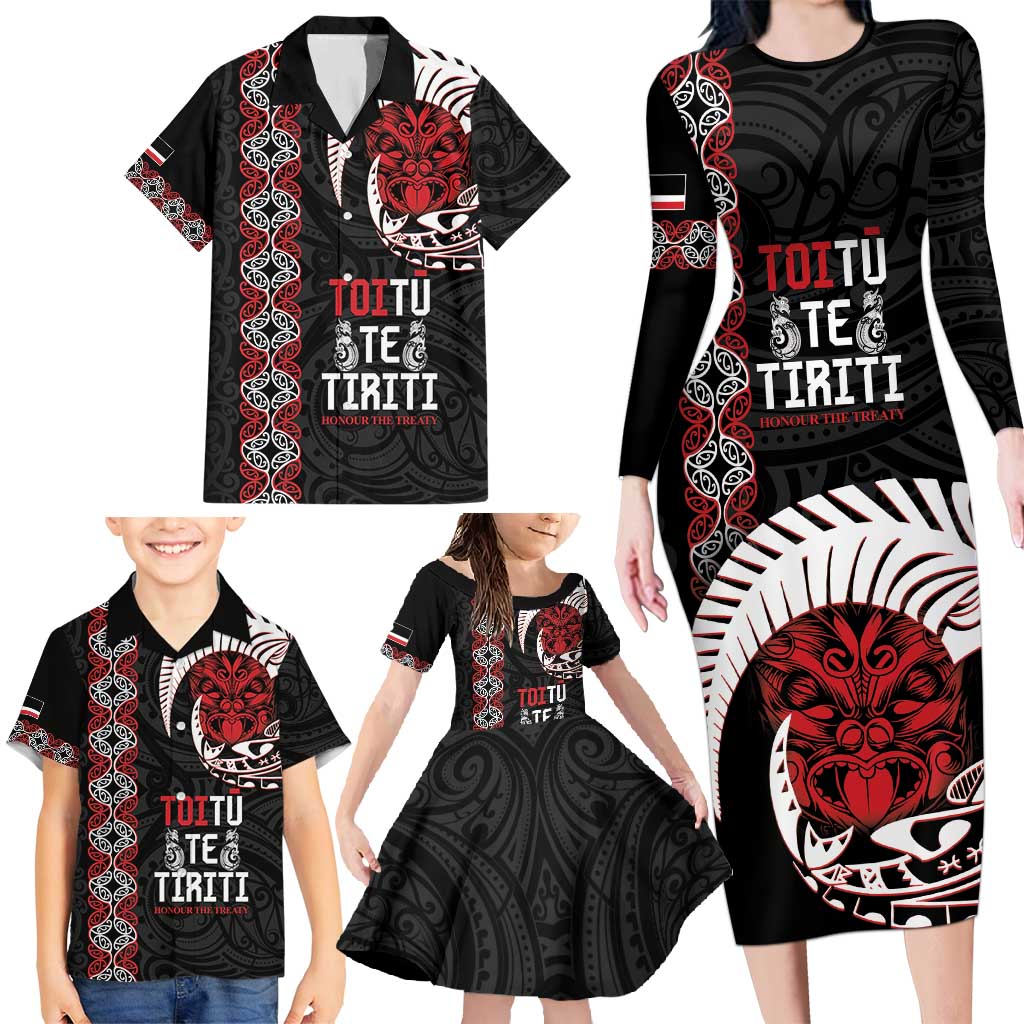 Aotearoa Toitu Te Tiriti Family Matching Long Sleeve Bodycon Dress and Hawaiian Shirt Honour The Treaty Maori Haka LT14 - Polynesian Pride
