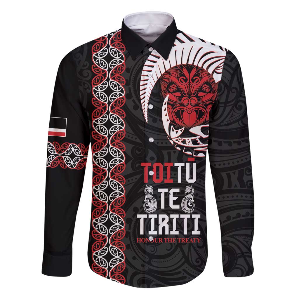 Aotearoa Toitu Te Tiriti Family Matching Long Sleeve Bodycon Dress and Hawaiian Shirt Honour The Treaty Maori Haka LT14 Dad's Shirt - Long Sleeve Black - Polynesian Pride